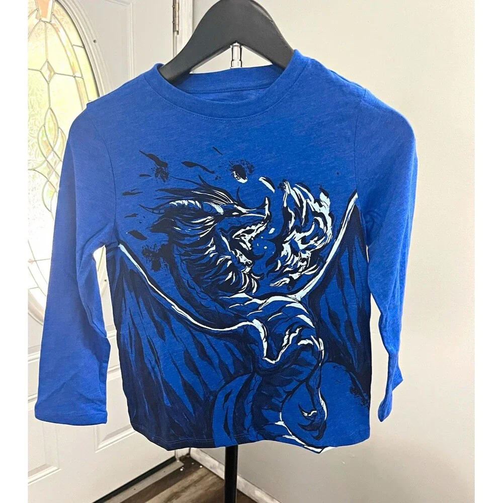 Cat & Jack Unisex Kids T-Shirt XS (4/5) Blue Long Sleeve Dragon Crew Cotton